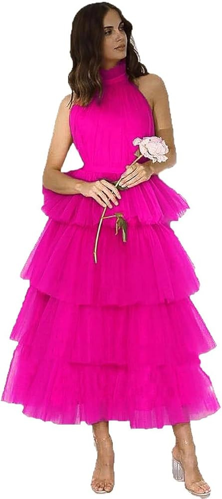 Women‘s Tiered Tulle Prom Dresses Halter Homecoming Dress Evening Party Gowns | Amazon (US)