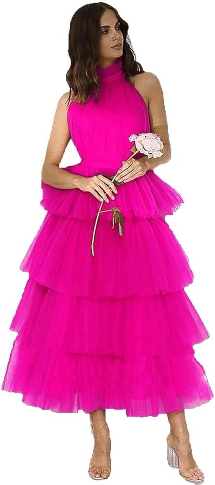Women‘s Tiered Tulle Prom Dresses Halter Homecoming Dress Evening Party Gowns | Amazon (US)