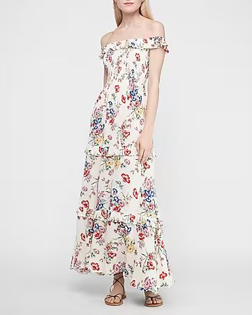 Floral Off The Shoulder Tiered Maxi Dress | Express
