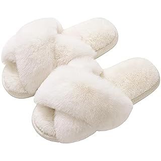 Women's Cross Band Slippers Fuzzy Soft House Slippers Plush Furry Warm Cozy Open Toe Fluffy Home ... | Amazon (US)