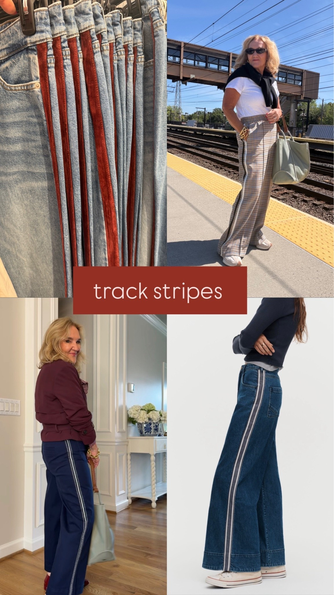 I’m seeing track pants and track stripe accents jeans everywhere! 
My plaid pants I’m wearing a medium but I did hem them about 3” 
The navy twill pants with track stripe I’m wearing an 8 reg

#LTKOver40 #LTKNYFW #LTKootd