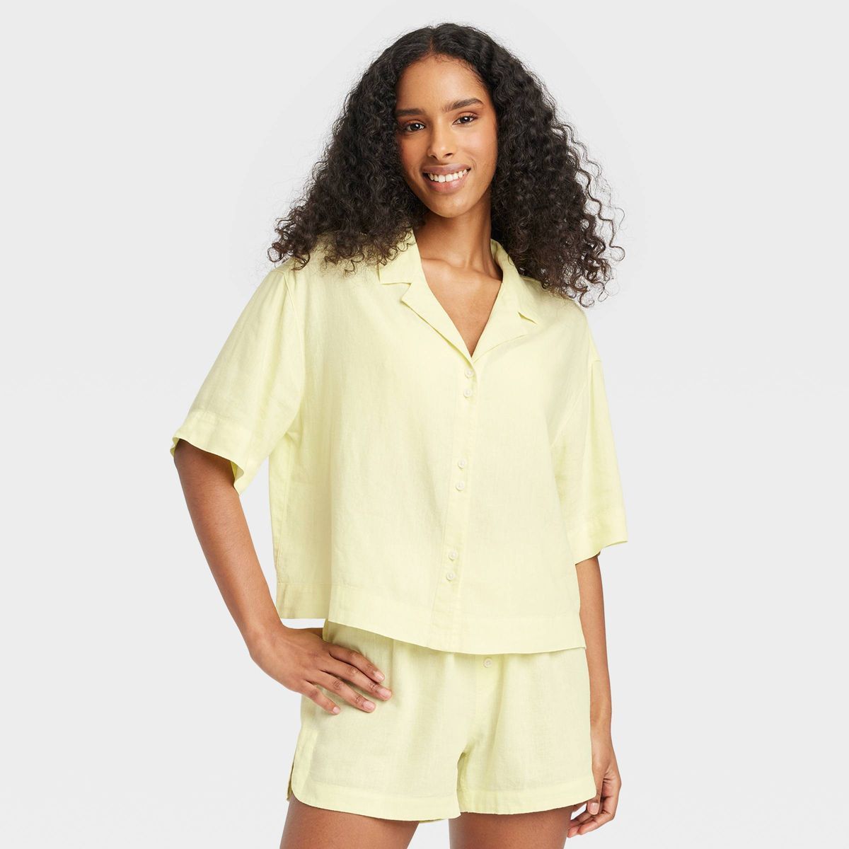 Women's Linen Blend Button-Up Pajama Top - Stars Above™ Yellow XS | Target