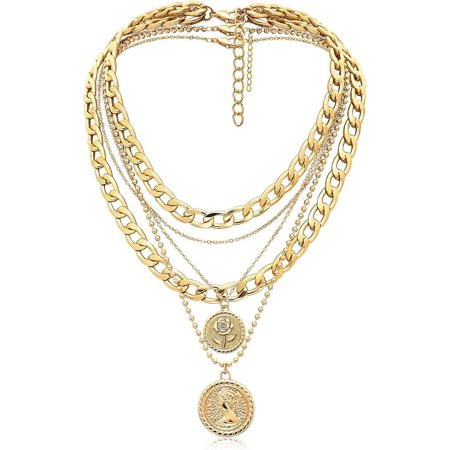 Gold Layered Necklaces for Women - 5-in-1 Chunky Choker Link Chain Pendant Necklace Set - Handmade 14K Golden Plated Jewelry | Walmart (US)