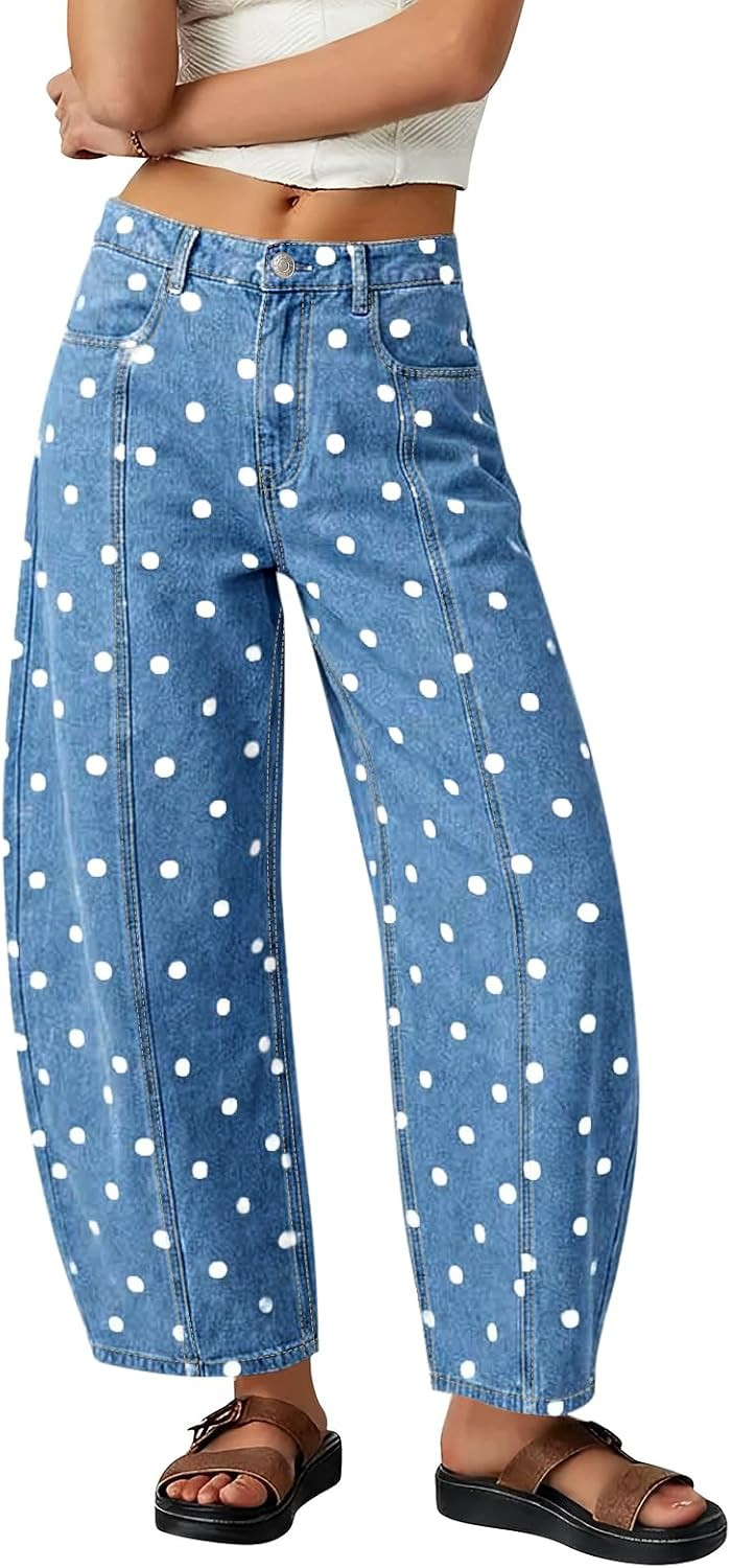 Tankaneo Womens Polka Dot Barrel Jeans High Waisted Wide Leg Denim Pants | Amazon (US)