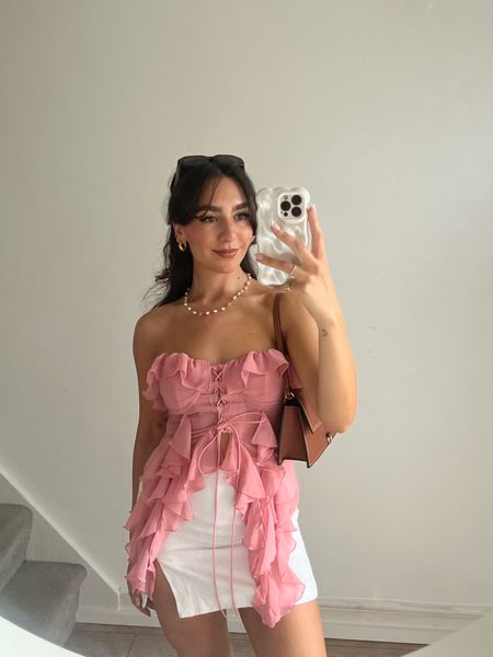 Gender reveal outfit, hen do outfit, pink outfit, ruffle top, pink top, going out top, white mini skirt, linen skirt, h&m, pretty little thing  

#LTKstyletip #LTKparties #LTKSeasonal