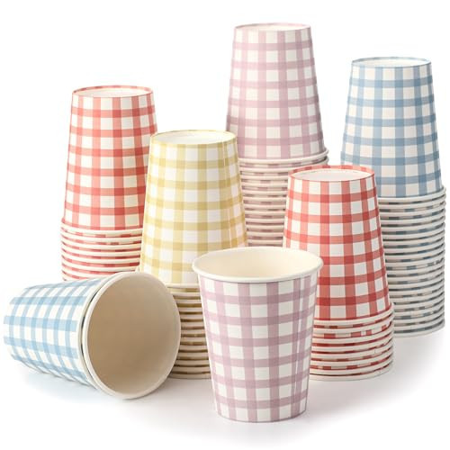 Tioncy 100 Pieces 9 oz Gingham Disposable Paper Cups Drinking Paper Cups Coffee Checkered Birthday Cup Gingham Hot Cold Beverage Drinking Cup for Holiday Picnic Travel Birthday Party, 4 Colors | Amazon (US)