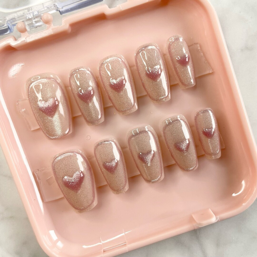 Pink Glitter Press On Nails with 3D Hearts, Heart Press On Nails for Valentine's Day, Short Coffi... | Etsy (US)