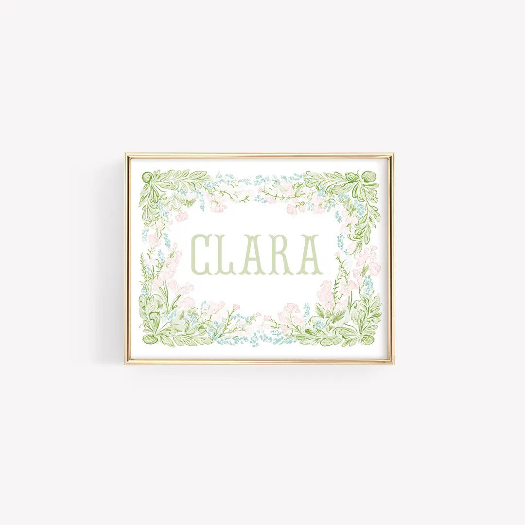 Personalized Floral Name Nursery Wall Art, Custom Baby Girl Monogram Print, Pink Green Vintage Fl... | Etsy (US)