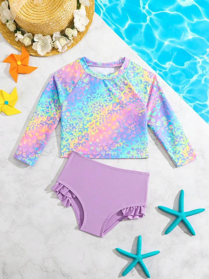 Baby Girl All-Over Allover Print Long Sleeve Swimsuit Top And Solid Color Bottoms Holiday Travel Summer Relax | SHEIN