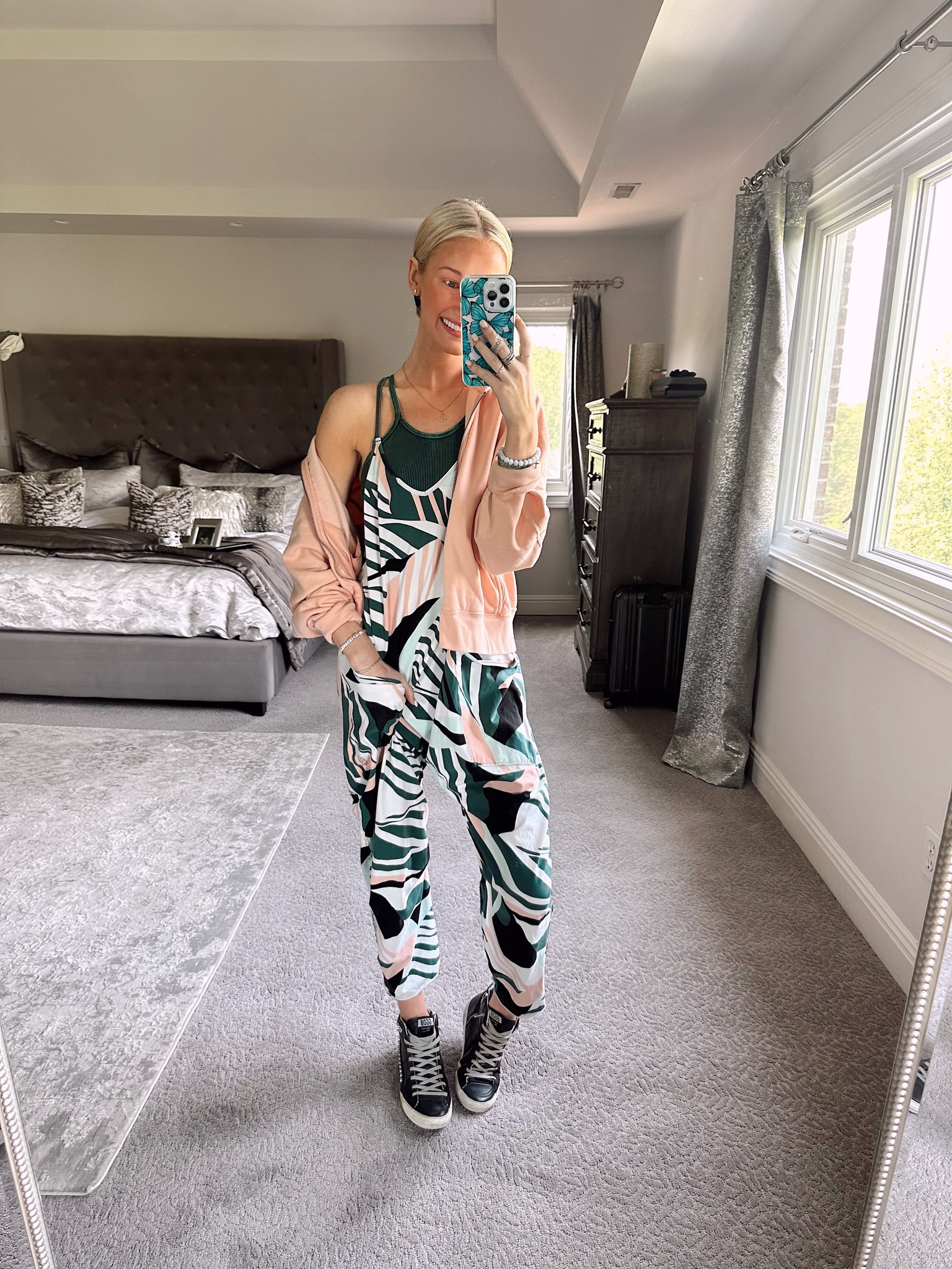 todays look - free people onesie (size XS), tank (size S), golden goose, and oversized hoodie zip. 