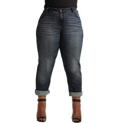 Poetic Justice Plus Size Women's Curvy Fit Blue Bleach Spots Boyfriend Jeans Dark Blue 16 | Target