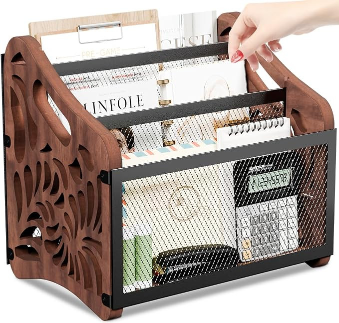 Wood Magazine Holder, 3-Compartment Magazine Rack Floor | Magazines File Holder Organizer,Rustic ... | Amazon (US)
