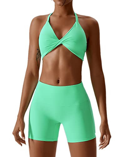 ABOCIW Workout Sets for Women 2 Piece Yoga Outfits Twist Front Halter Sports Bras Tummy Control High Waist Booty Biker Shorts Exercise Gym Sets for Women Green X-Large | Amazon (US)