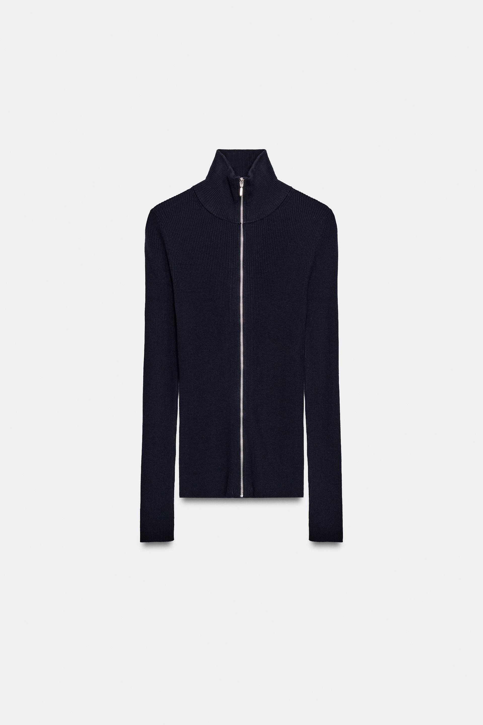 Zara - Fitted Ribbed Knit Cardigan - Navy Blue - M - Woman | Zara UK