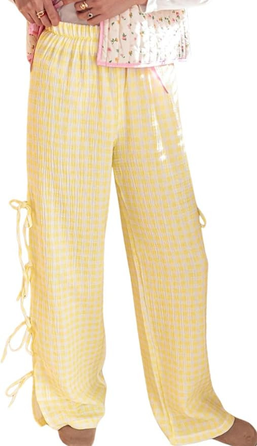 Womens Gingham Striped Wide Leg Pants Y2k Lounge Pants Lace Up Loose Trousers | Amazon (US)