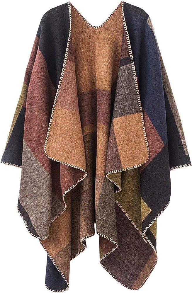 Women's Plaid Sweater Poncho Cape Coat Open Front Blanket Shawls and Wraps | Amazon (US)