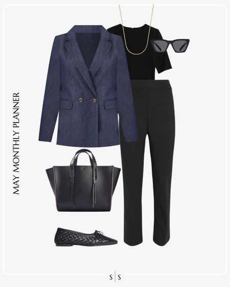 Monthly outfit planner: MAY: Spring looks | blazer, black tee, trouser, woven flat, tote bag 

Workwear, office attire, classic style, 9 to 5 outfit 

See the entire calendar on thesarahstories.com ✨ 

#LTKworkwear #LTKstyletip