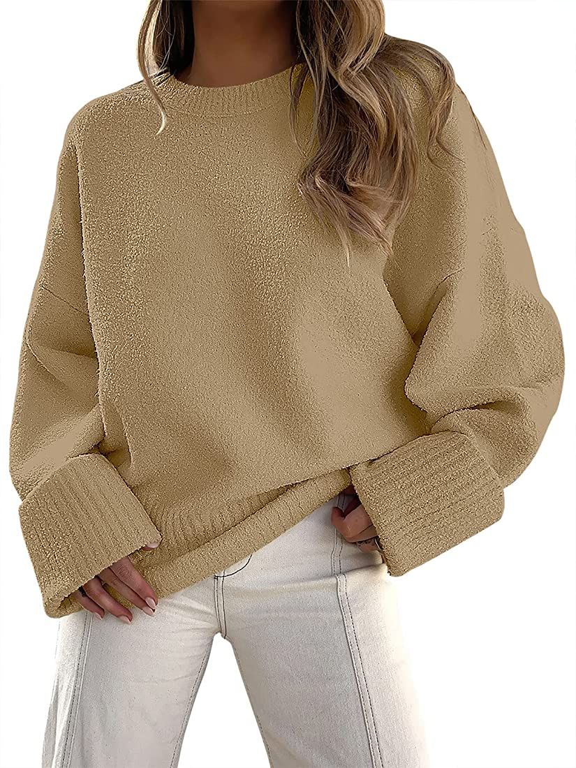LOGENE Womens Oversized Fuzzy Crewneck Long Sleeve Sweaters Casual Loose Knitted Pullover Jumper Top | Amazon (US)