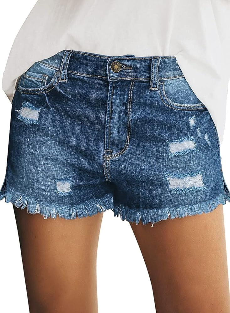 luvamia Women's Casual Mid Rise Denim Shorts Stretch Ripped Raw Hem Jean Shorts | Amazon (US)