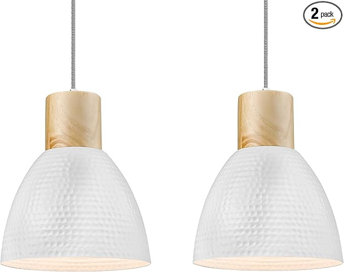ELYONA 2 Pack Hammered Pendant Light Fixtures, 10.2” Metal & Rubber Wood Island Hanging Lamp, A... | Amazon (US)