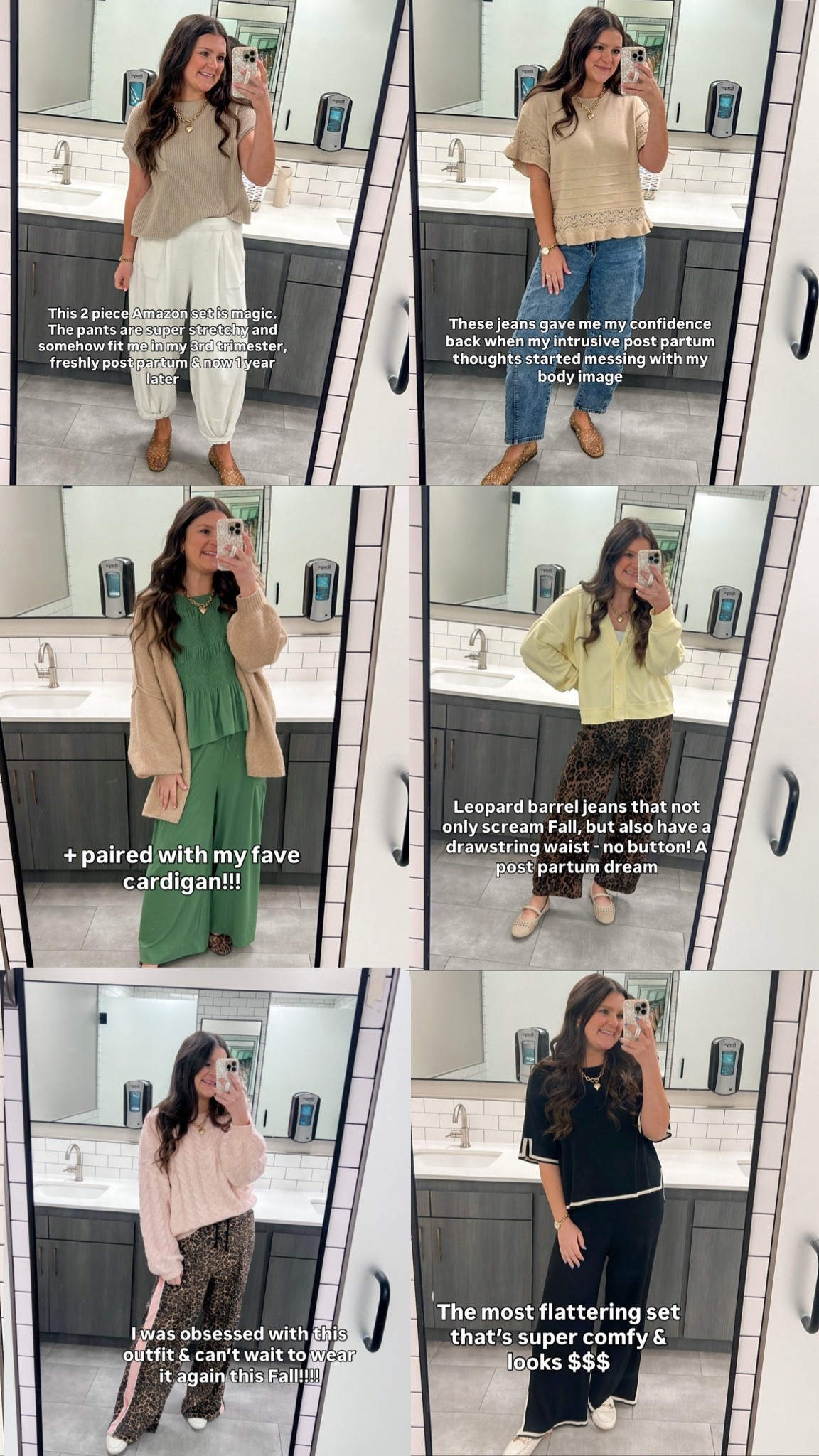I was post partum last Fall and here are some of my fave outfits I wore to feel comfy & confident when I went back to work✨
Sized up to a large in green set & tan sweater top. Everything else is size medium, including jeans. 

#postpartumoutfit #postpartumworkwear #workoutfits #comfyworkoutfits #falloutfits work outfits / office outfits / teacher outfits / working mom / mom outfits / comfy outfits / mom workwear / mom work outfits / comfy work outfits / comfy workwear / fall outfits / business casual outfits / fall workwear / fall work outfits / post Partum outfits / post Partum work outfits / post Partum friendly / leopard jeans / leopard pants / fun bottoms / fun pants / comfy pants / comfy jeans / drawstring jeans / drawstring waist / mom jeans / post Partum jeans / Amazon outfits / matching set / 2 piece set / free people look for set / fall cardigan / work shoes / mom shoes / jelly shoes / trendy pants / pink sweater / chunky sweater / leopard flats / mary Jane flats / comfy flats / comfy shoes

#LTKmomlife #LTKWorkwear #LTKootd