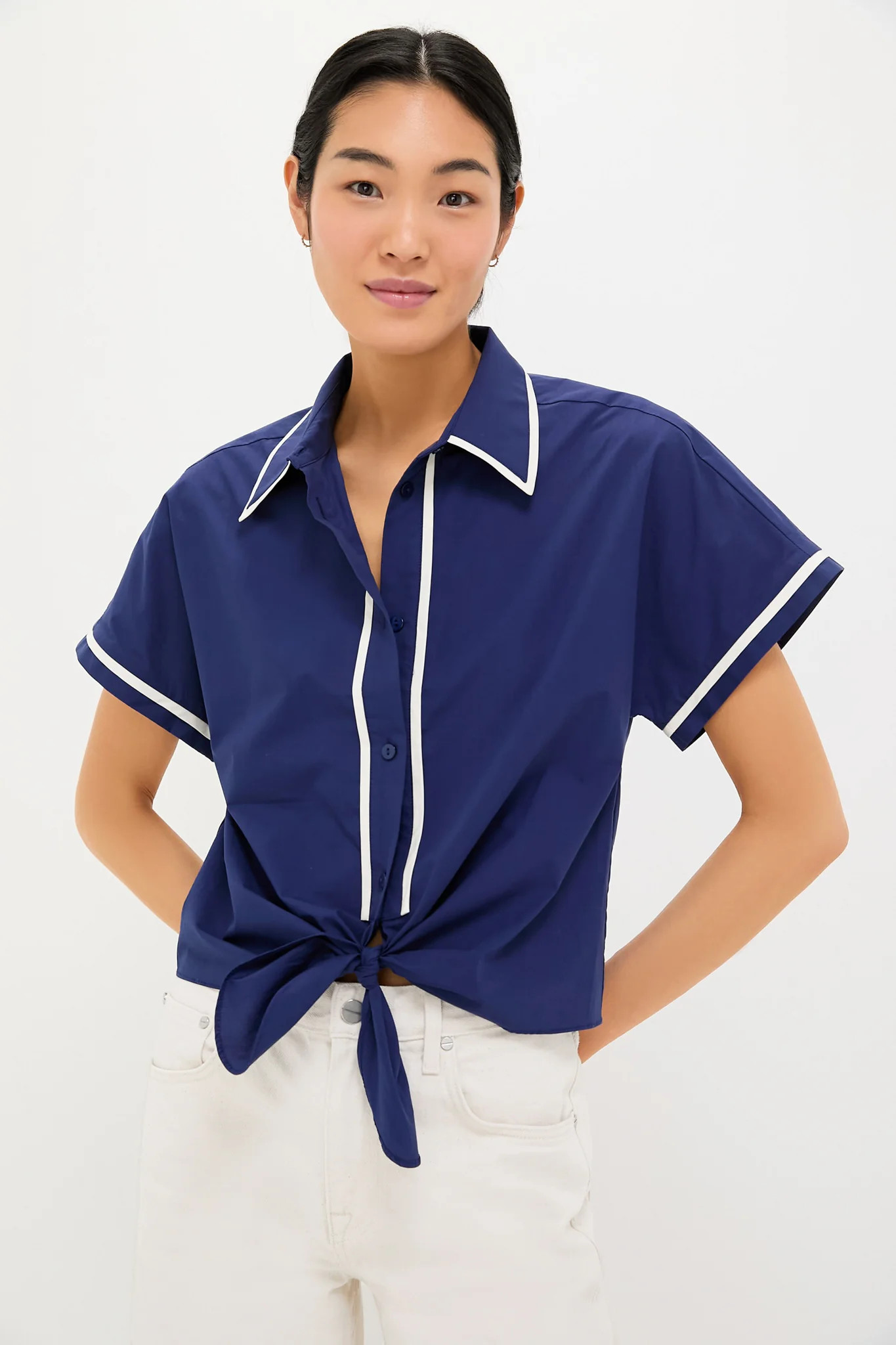 Navy and White Trimmed Connor Blouse | Tuckernuck (US)