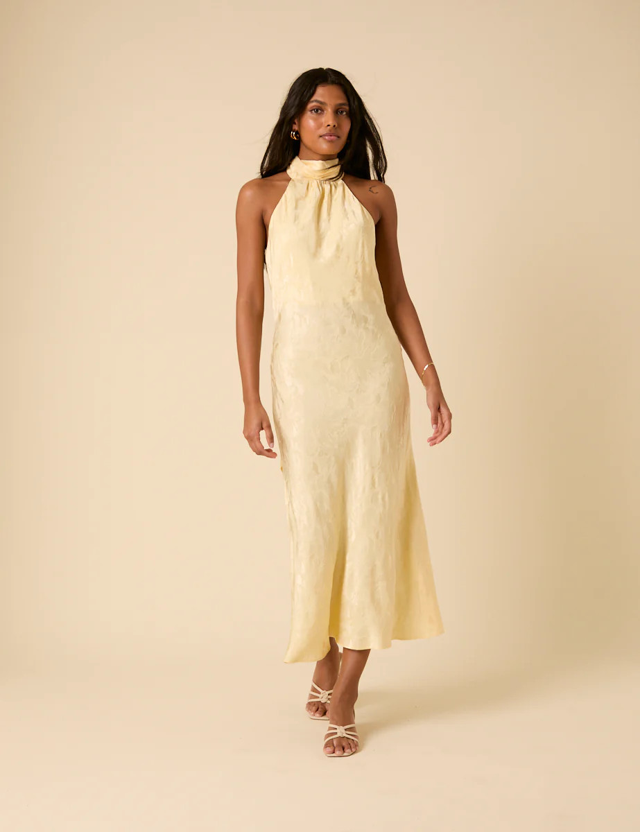 Butter Yellow Floral Jacquard Tie Neck Fifi Midi Dress | Nobody's Child