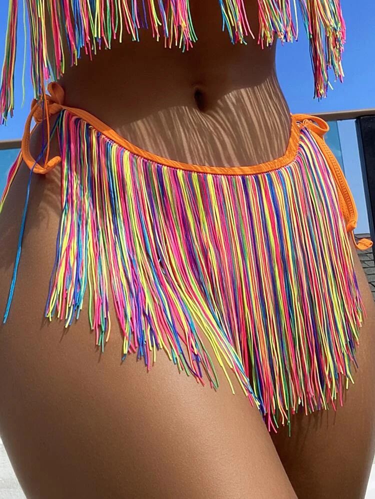 Colorful Stripe Fringe Hem Tie Side Bikini Bottom | SHEIN