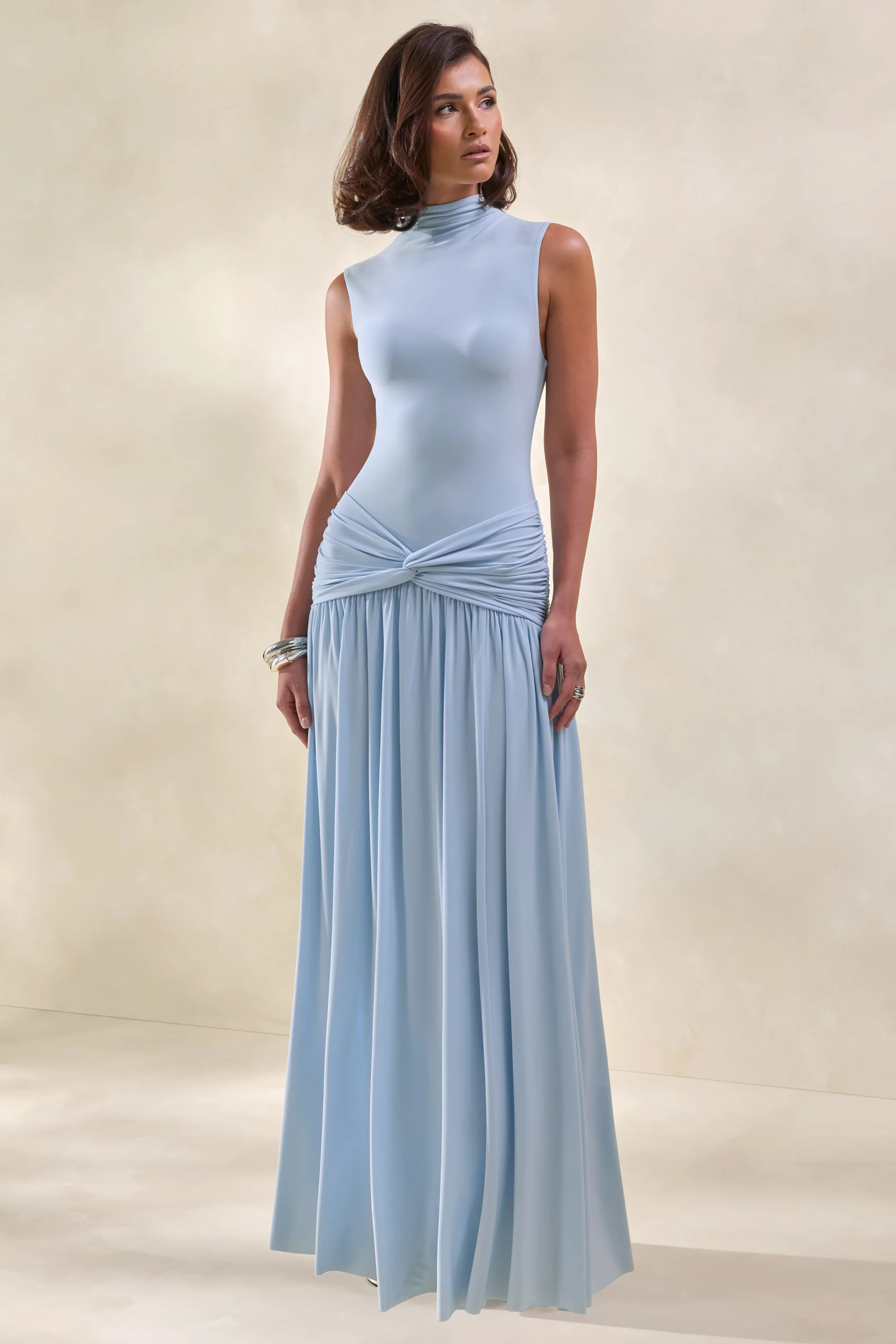 Glimora | Powder Blue High-Neck Maxi Dress With Ruched-Detailing | Club L London