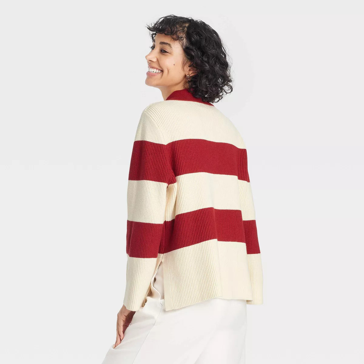 Women's Polo Pullover Sweater - A New Day™ Red Striped L | Target