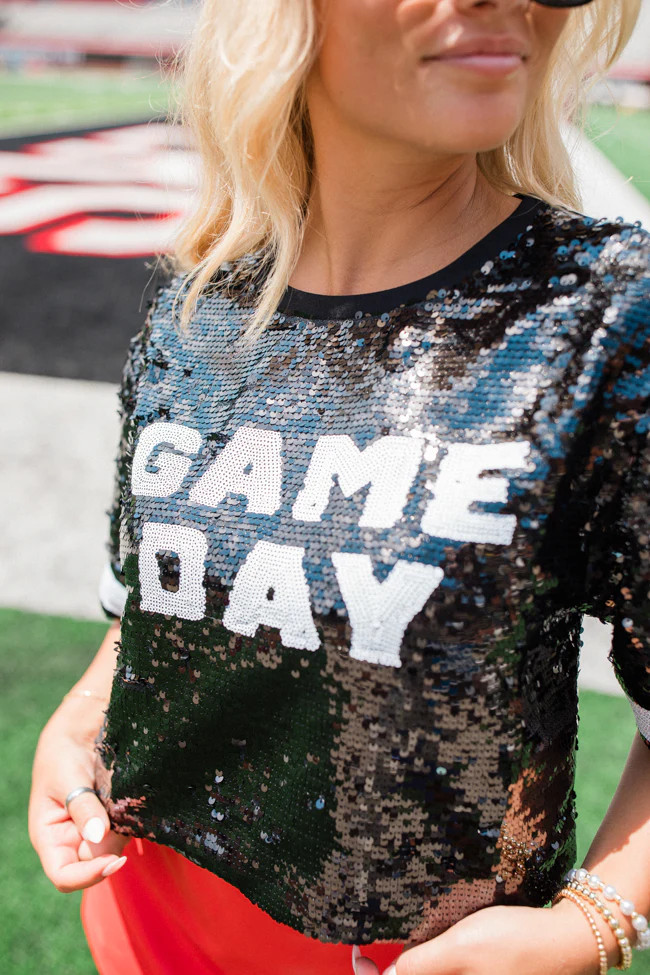 It's Gameday Black Sequin Top | Pink Lily