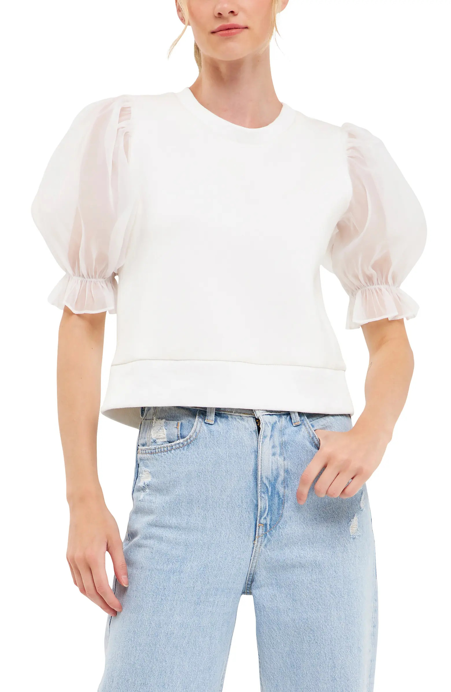 English Factory Sheer Puff Sleeve Top | Nordstrom | Nordstrom