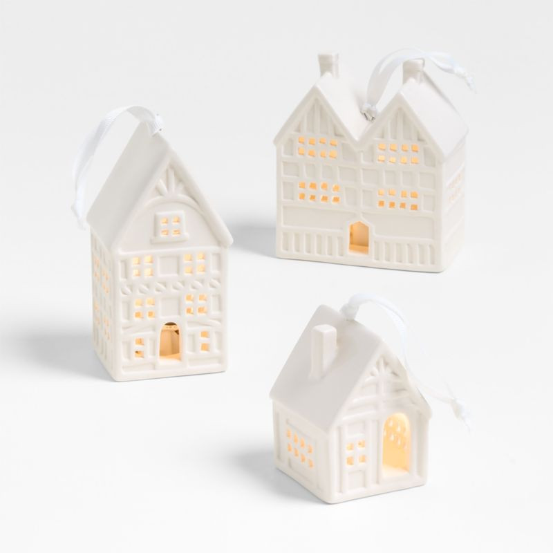 White Ceramic House Christmas Ornaments, Set of 3 | Crate & Barrel | Crate & Barrel