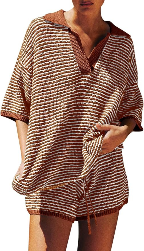 Tankaneo Womens Sweater Set 2 Piece Outfits Oversized 3/4 Sleeve V Neck Knit Tops High Waisted Sh... | Amazon (US)