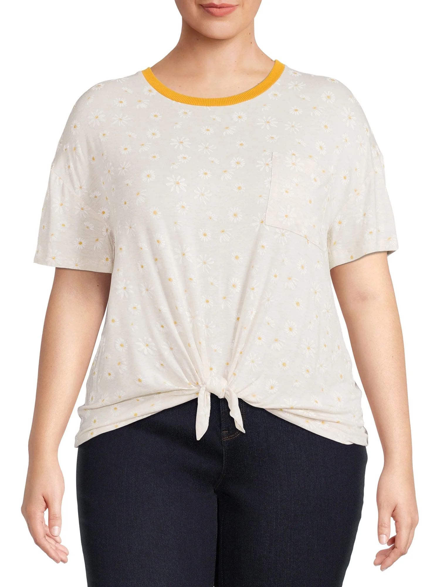 No Boundaries Juniors Plus Size Print Knot Front Tee | Walmart (US)