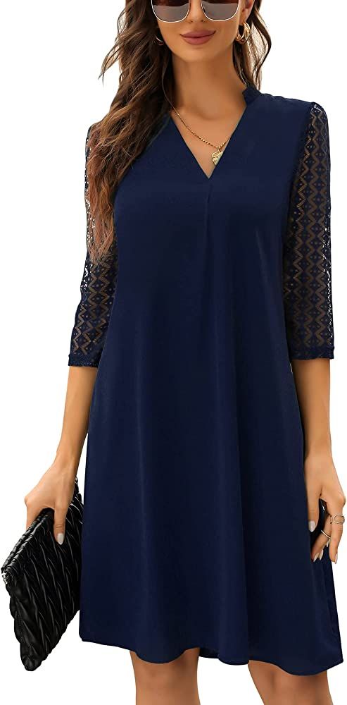 MISSKY Women's Tunic Dress Lace 3/4 Sleeve Shift Dress V Neck Casual Work Office Loose Dresses | Amazon (US)