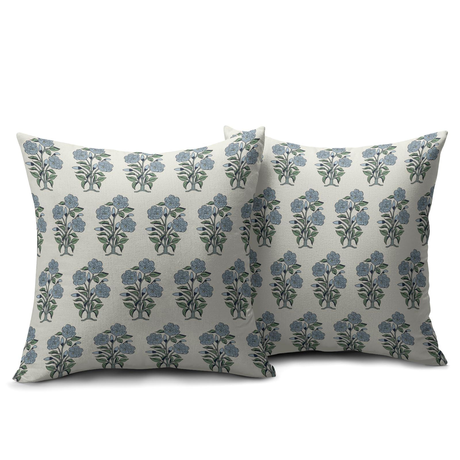 Blue Green Floral Block Print Pillow Covers 18x18 Set of 2 Chinoiserie Flower Leaves Outdoor Deco... | Amazon (US)