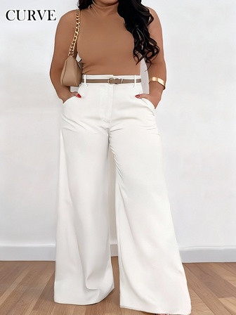 ANCHOSE Women's Casual High Waist Pocket Design Flare Pants, Loose Fit Plus Size, Early Autumn Spring White | SHEIN
