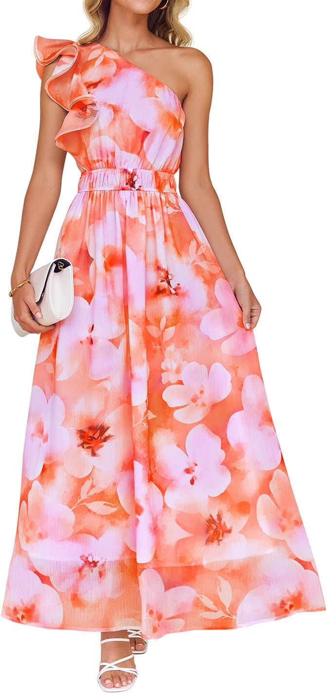 ZESICA Women's 2026 Summer Floral Sleeveless Maxi Dress Ruffle One Shoulder High Waist Boho Beach... | Amazon (US)