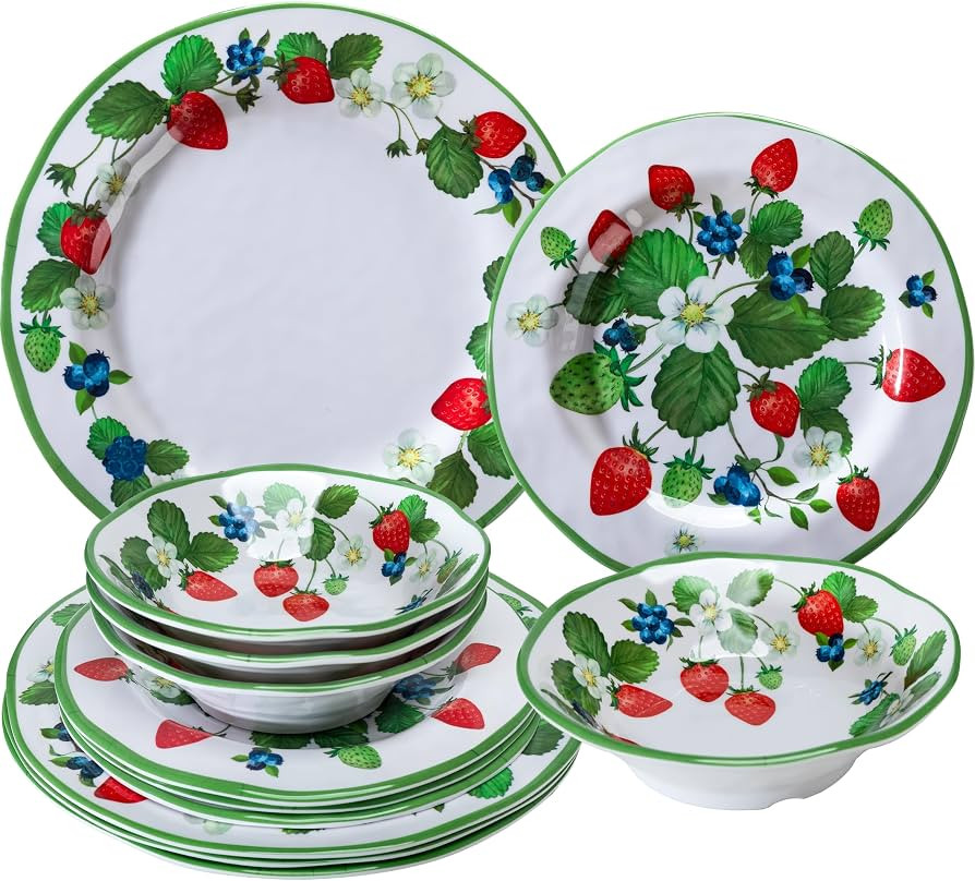 LEHAHA Strawberry Melamine Dinnerware Sets-12pcs Plates and Bowls Set, Lightweight/Unbreakable Ca... | Amazon (US)