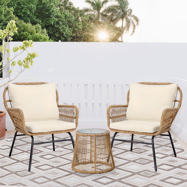 NICESOUL 3Pcs Outdoor BOHO Natural Wicker Patio Furniture Set with Beige Cushions and Coffee Tabl... | Walmart (US)