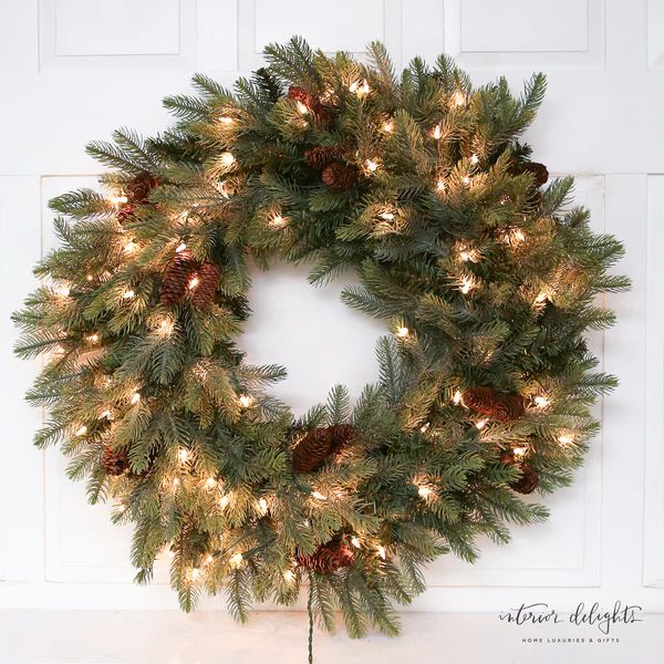Pre-lit New England Pine Wreath with Pine Cones *Final Sale* | Interior Delights