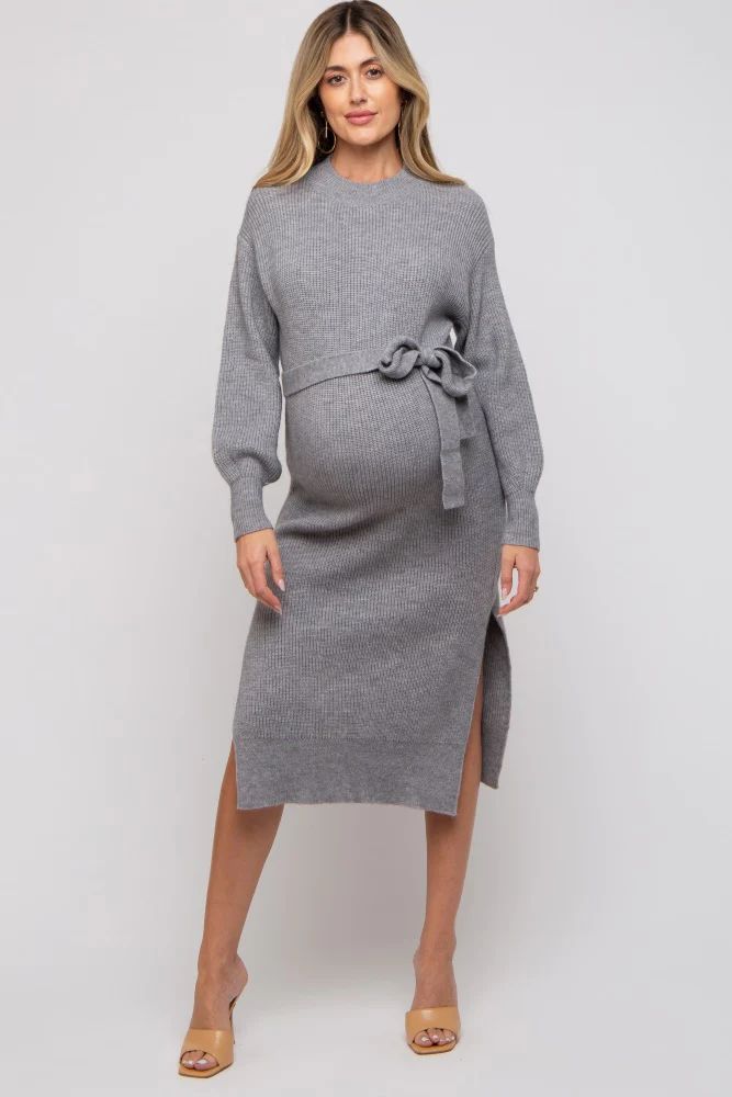 Heather Grey Side Slit Maternity Sweater Midi Dress | PinkBlush Maternity
