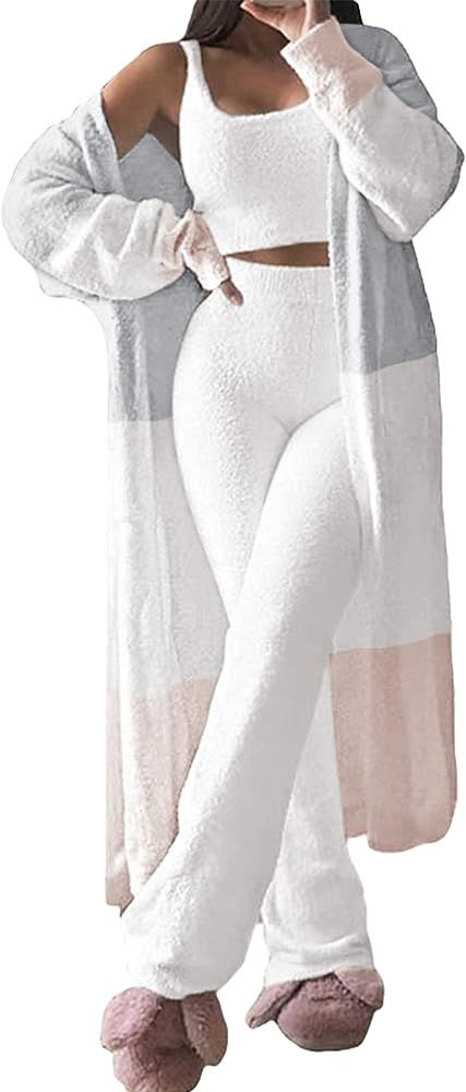 Fixmatti Women's Fuzzy 3 Piece Sweatsuit Open Front Cardigan Crop Tank Tops Wide Legs Pants Loung... | Amazon (US)