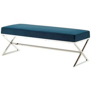 Posh Living Colin Velvet Upholstered Bench with Stainless Steel Legs Blue/Chrome | Cymax