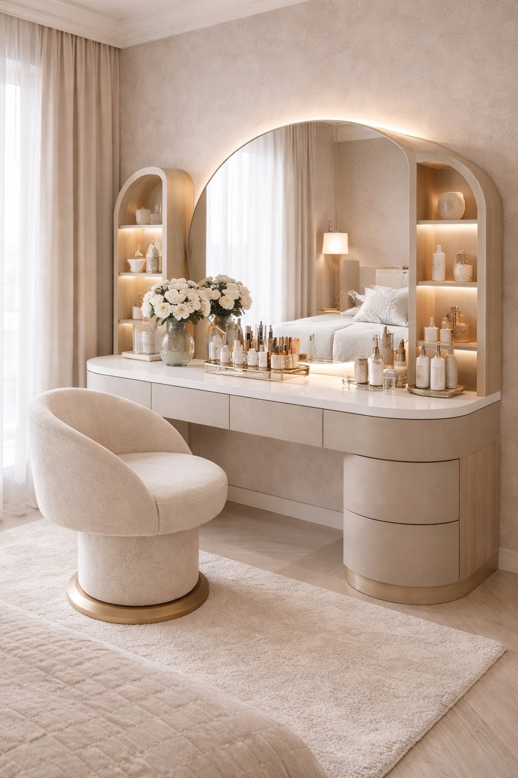 A fashion-forward vanity table featuring an elegant arched mirror, built-in illuminated shelves, and a sculptural beauty chair.
Designed in warm neutral tones with soft textures, this makeup space blends modern luxury and functionality — perfect for a serene, curated bedroom interior.

Save this pin for vanity table ideas, luxury makeup room inspiration, and modern bedroom decor.
Shop similar vanity tables, mirrors, shelving, and beauty accessories through my LTK for a refined modern look 🤍

#vanitytable
#makeupvanity
#luxuryvanity
#archedmirror
#bedroomdecor
#moderninterior
#neutralinterior
#fashioninterior
#luxuryinteriors
#minimalistdesign
#vanityinspo
#homedecorideas
#ltkhome
#ltkinteriors


#LTKGiftGuide #LTKSaleAlert #LTKHome