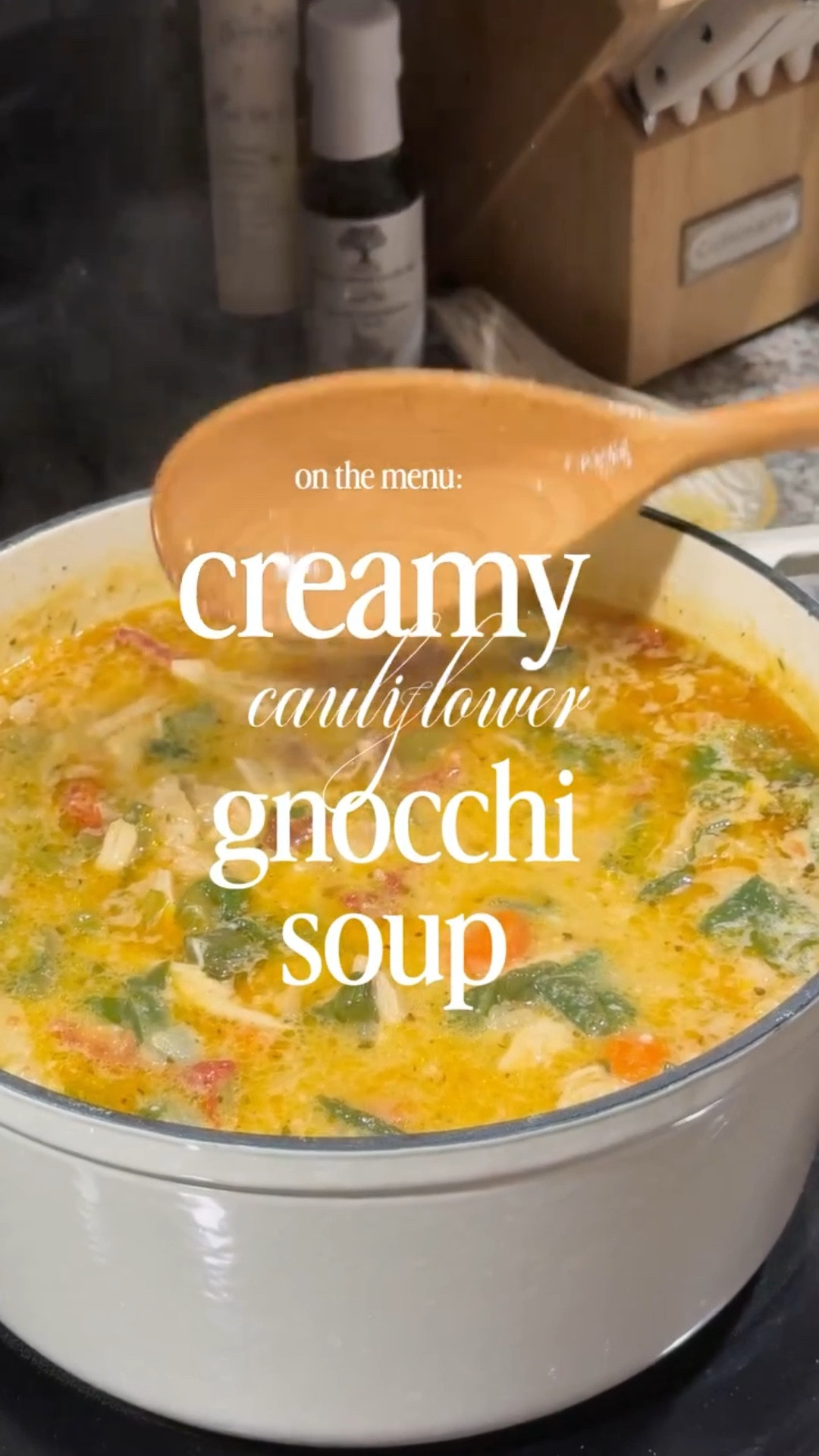 On The Menu: Creamy Cauliflower Gnocchi Soup 🥕🧅

The Line Up 🛒

• 1 tray boneless skinless chicken breasts or thighs
• 3-5 cloves garlic, chopped or minced 
• 1 yellow onion, chopped
• 6 carrots, chopped
• 4 celery stalks, chopped
• 4 cups low sodium chicken or vegetable broth 
• 1 can coconut cream 
• 1/2 cup sun dried tomatoes 
• 4 cups baby spinach 
• 1/2 cup grated parmesan 
• 1 bag frozen cauliflower gnocchi (or potato) 
• 2 tablespoons salted butter
• 2 tablespoons all-purpose flour
• extra virgin olive oil
• italian seasoning 
• garlic powder 
• smoked paprika
• thyme 
• chili flakes
• kosher salt
• black pepper 

The Method 👩🏻‍🍳
1. In a large soup pot set over medium heat, combine the olive oil, onion, celery and chopped carrots. Cook until fragrant. 

2. Stir in the butter and flour, cook 1 minute. Add the chicken, garlic, italian seasoning, paprika, thyme, and a pinch each of chili flakes, salt, and pepper.

3. Add 4 cups (1qt) broth and simmer over medium heat for ~ 20 minutes, until the chicken is cooked through.

4. Pull the chicken out and shred using 2 forks. Add back to the soup.

5. Stir in the spinach, sun-dried tomatoes, coconut cream/milk, parmesan, and gnocchi. Cook until warmed throughout, ~ 5 minutes. If the soup is too thick, add additional broth or water. 

6. Serve the soup topped with parmesan. Enjoy 💫

Original recipe credit @halfbakedharvest  
 #healthydinnerideas #target #kitchen #souppot #targetfinds #dutchoven #garlicpress #onionchopper #lemonsqueezer

#LTKvlog #LTKstorytime #LTKfoodie