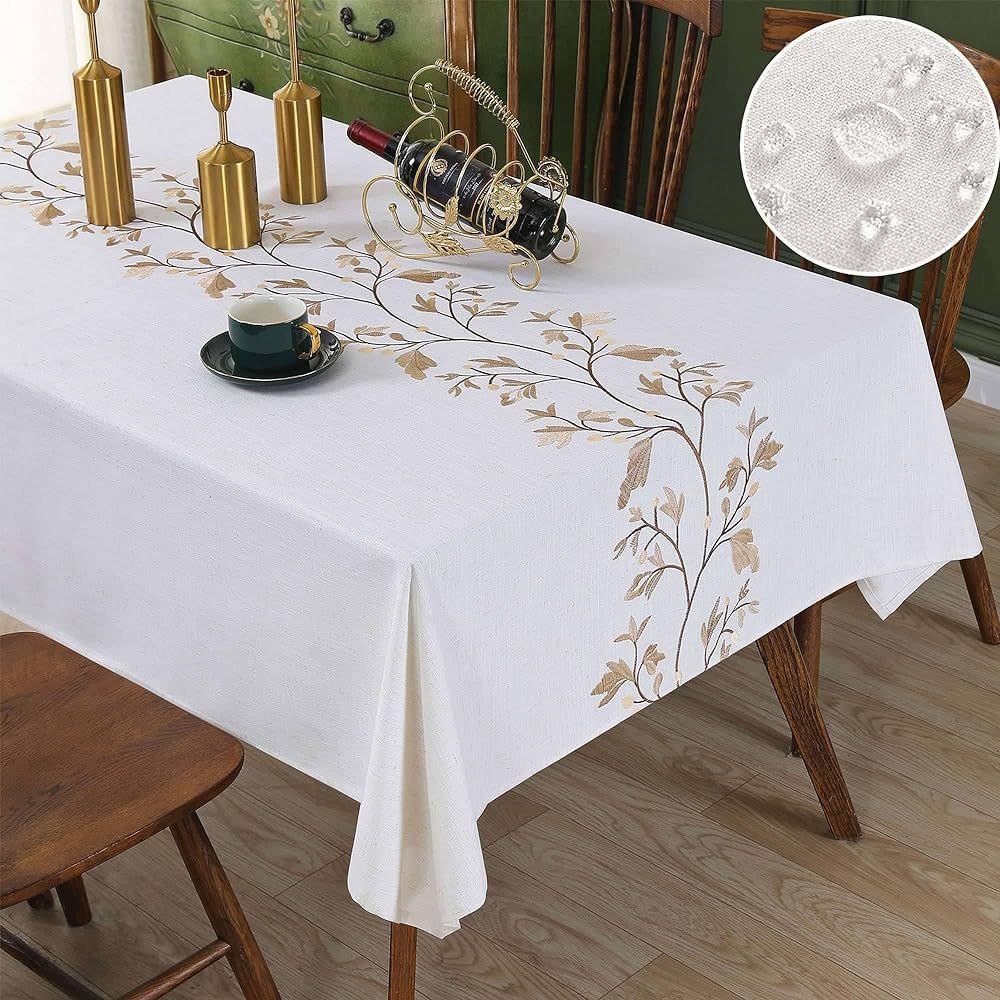 qiden Farmhouse Tablecloth Waterproof Rectangle Burlap Table Cloth, Cotton Linen Rustic Embroider... | Amazon (US)