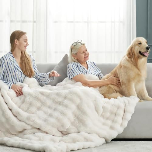 Cozy Bliss Faux Fur Throw Blanket for Couch, Fuzzy Soft Plush Thick Bubble Blanket for Sofa Bedroom Living Room, 60 * 80 Inches Cream White | Amazon (US)