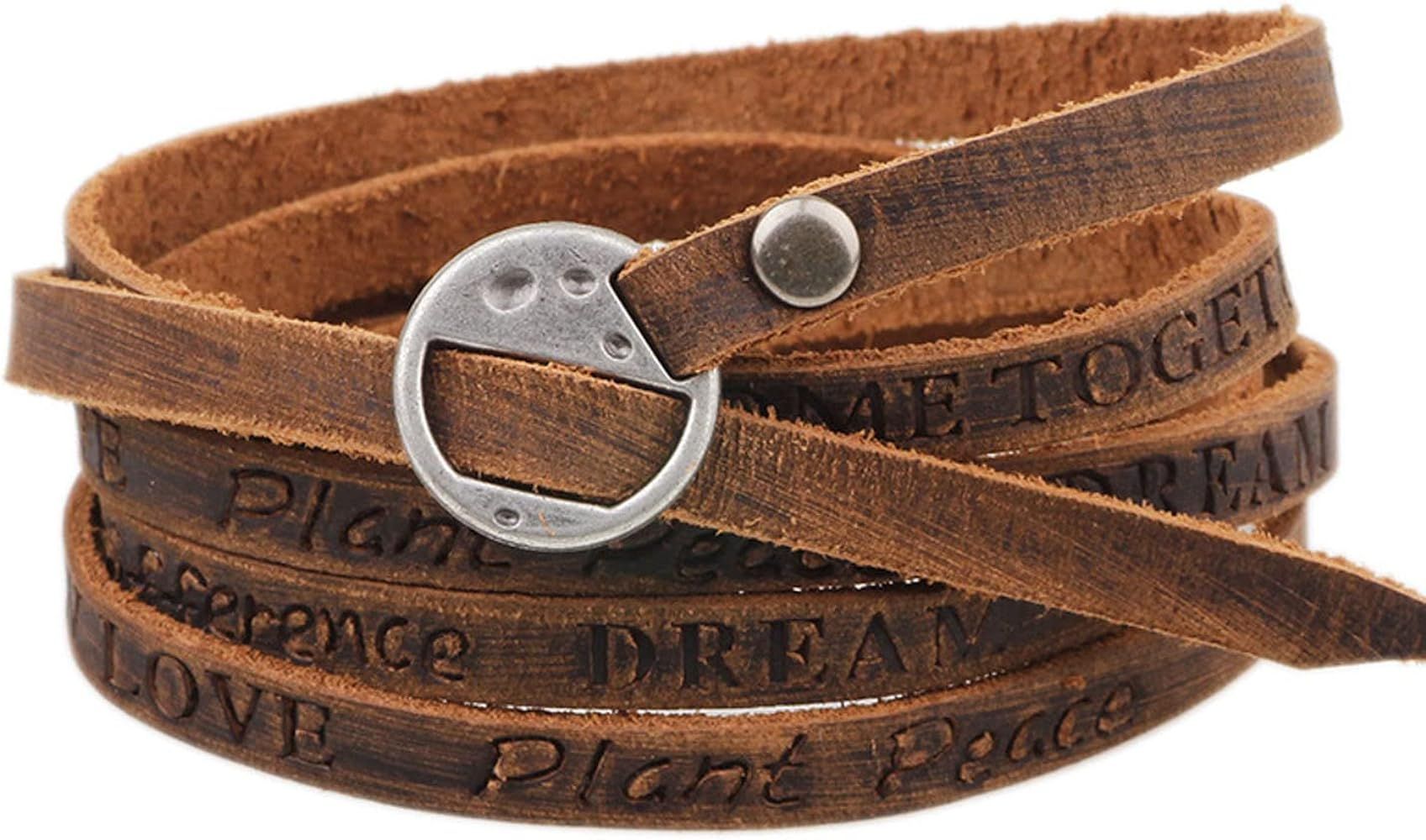 Rantanto 0.6cm Width Genuine Leather 5 Wrap Bracelet, Inspirational Words Alphabets Stamped Leath... | Amazon (US)